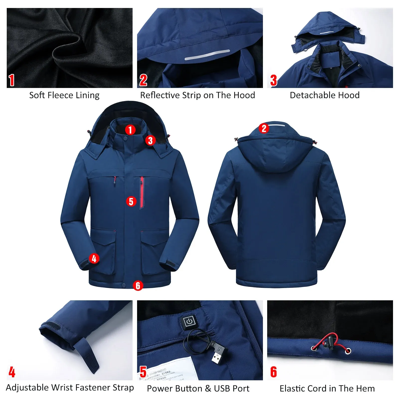 2021 New Heated Jacket with Detachable Hood Winter Warm Heating Jackets Waterproof Rain Coat Windbreaker Clothing Jacket Men