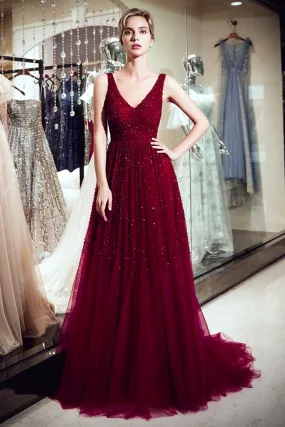 A-line Long V-neck Sleeveless Burgundy Sequins Tulle Evening Dresses