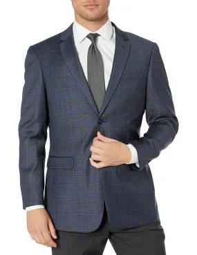 Adam Baker Men's Single Breasted 100% Wool Ultra Slim Fit Blazer/Sport Coat - Navy Plaid