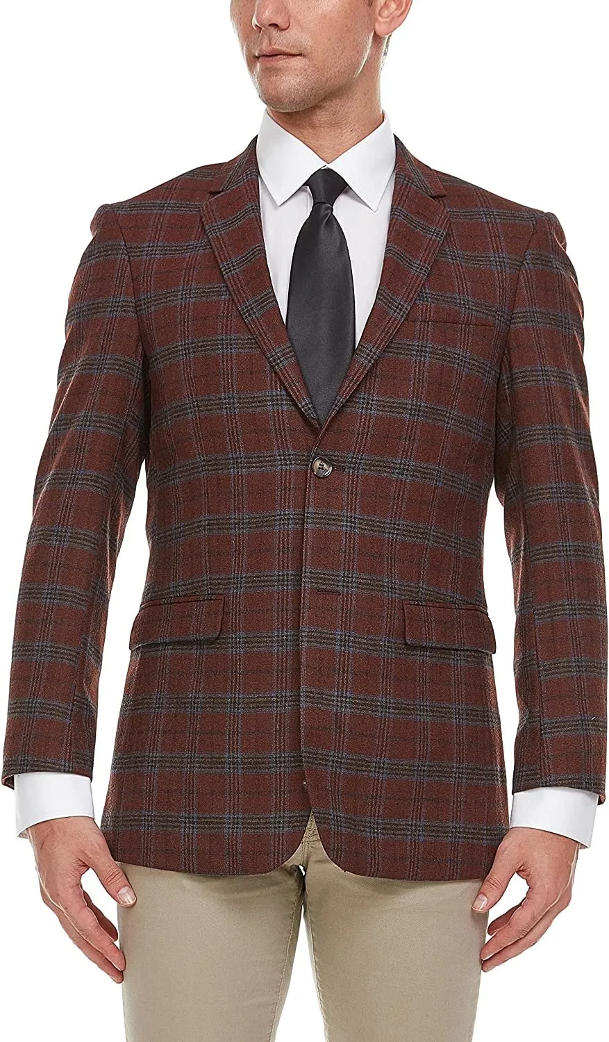 Adam Baker Men's Single Breasted 100% Wool Ultra Slim Fit Blazer/Sport Coat - Red Heather Plaid