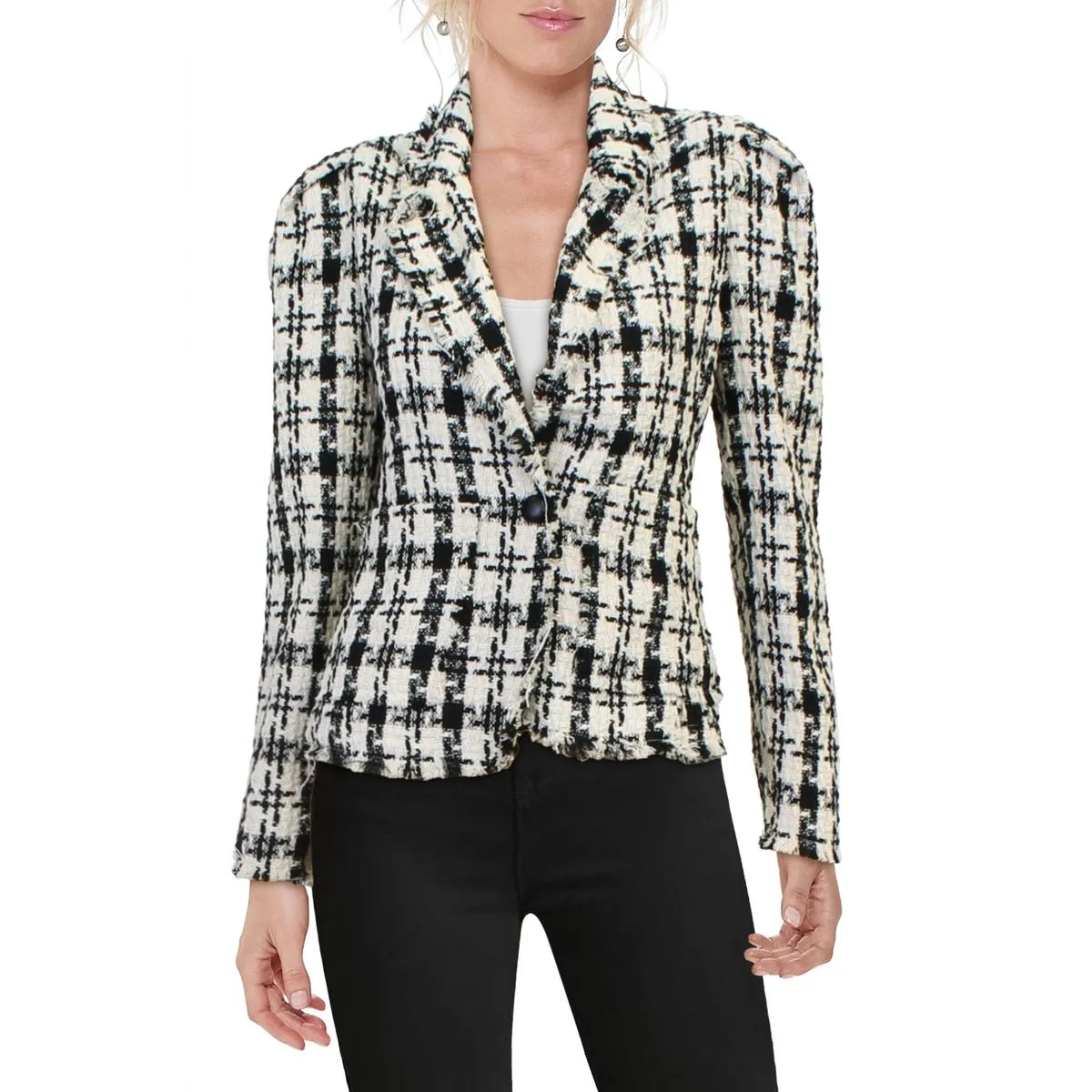 Aqua Womens Tweed Puff Sleeve One-Button Blazer