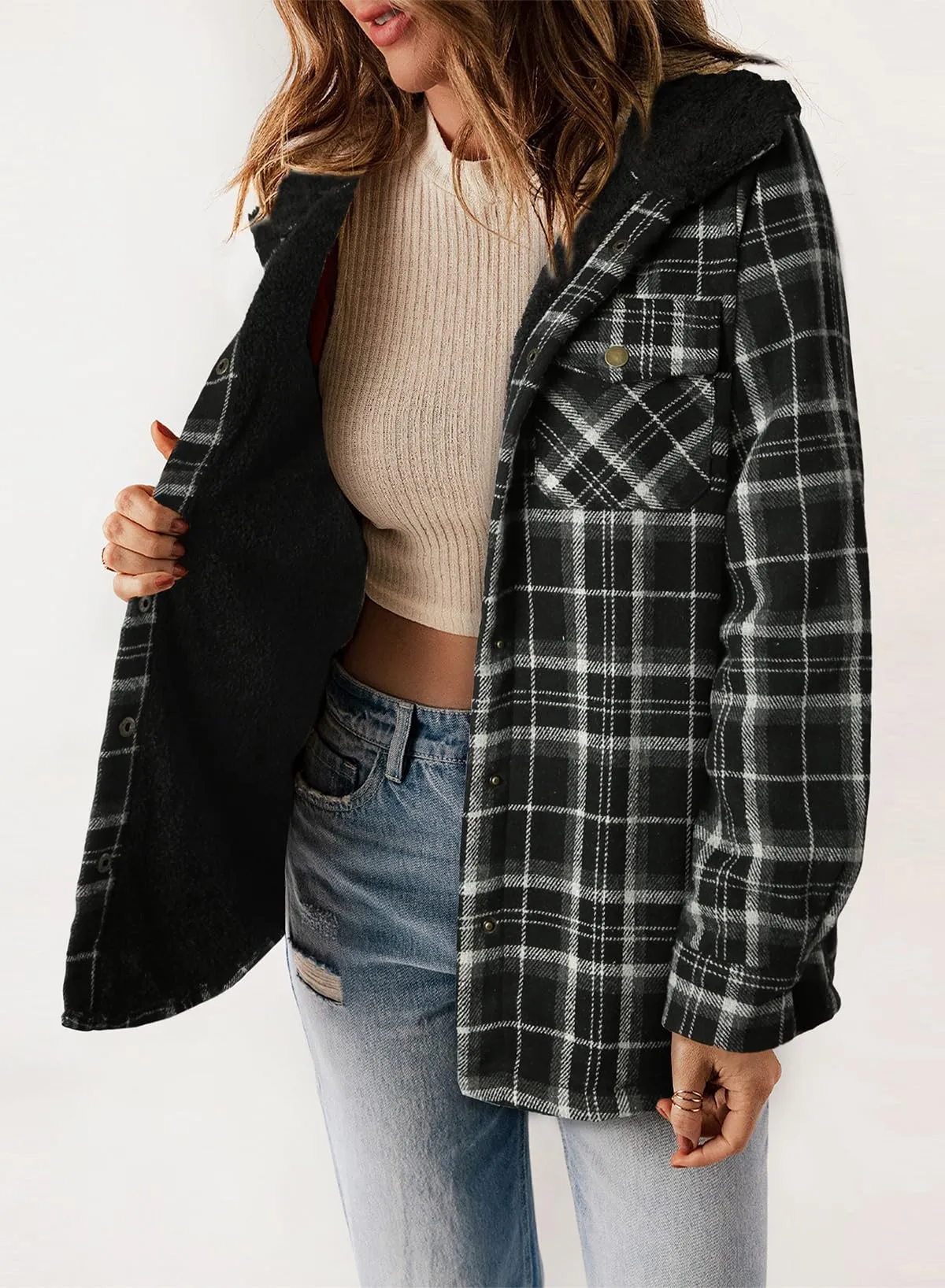 Blue Winter Fleece Jacket Women Plaid Shacket Long Sleeve Button Down  - Dokotoo