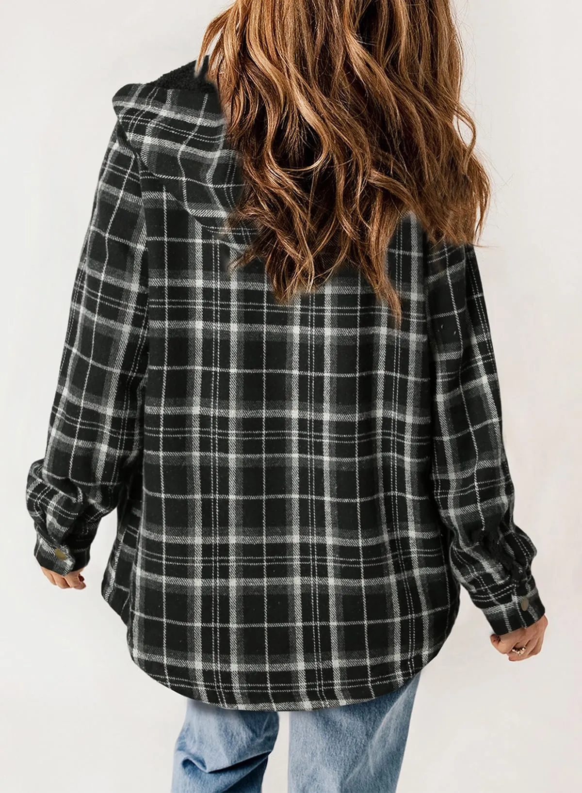 Blue Winter Fleece Jacket Women Plaid Shacket Long Sleeve Button Down  - Dokotoo