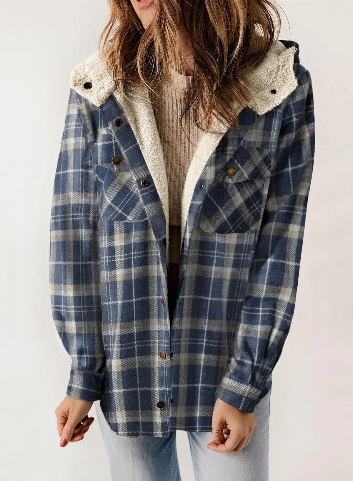 Blue Winter Fleece Jacket Women Plaid Shacket Long Sleeve Button Down  - Dokotoo