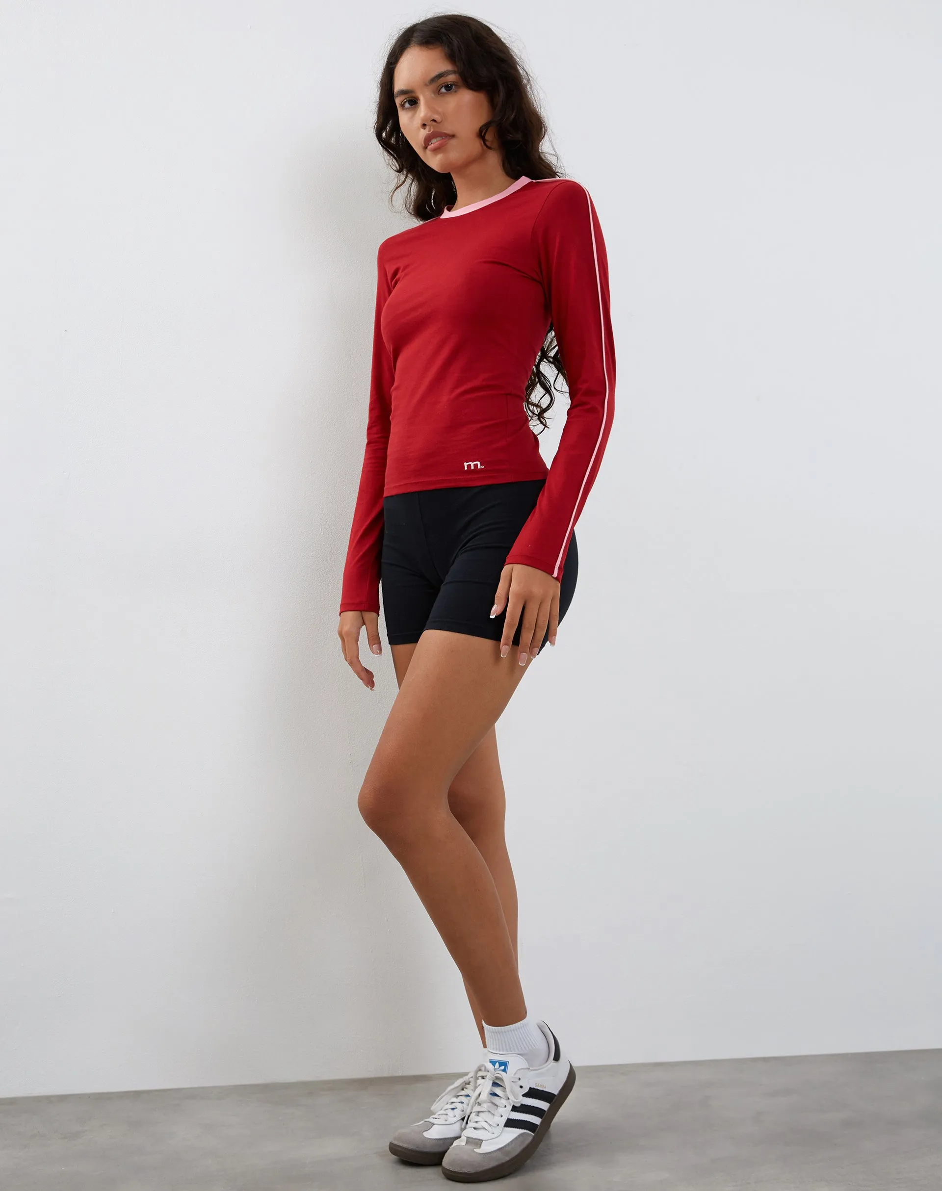 Bonija Long Sleeve Top in Red with Pink Binding