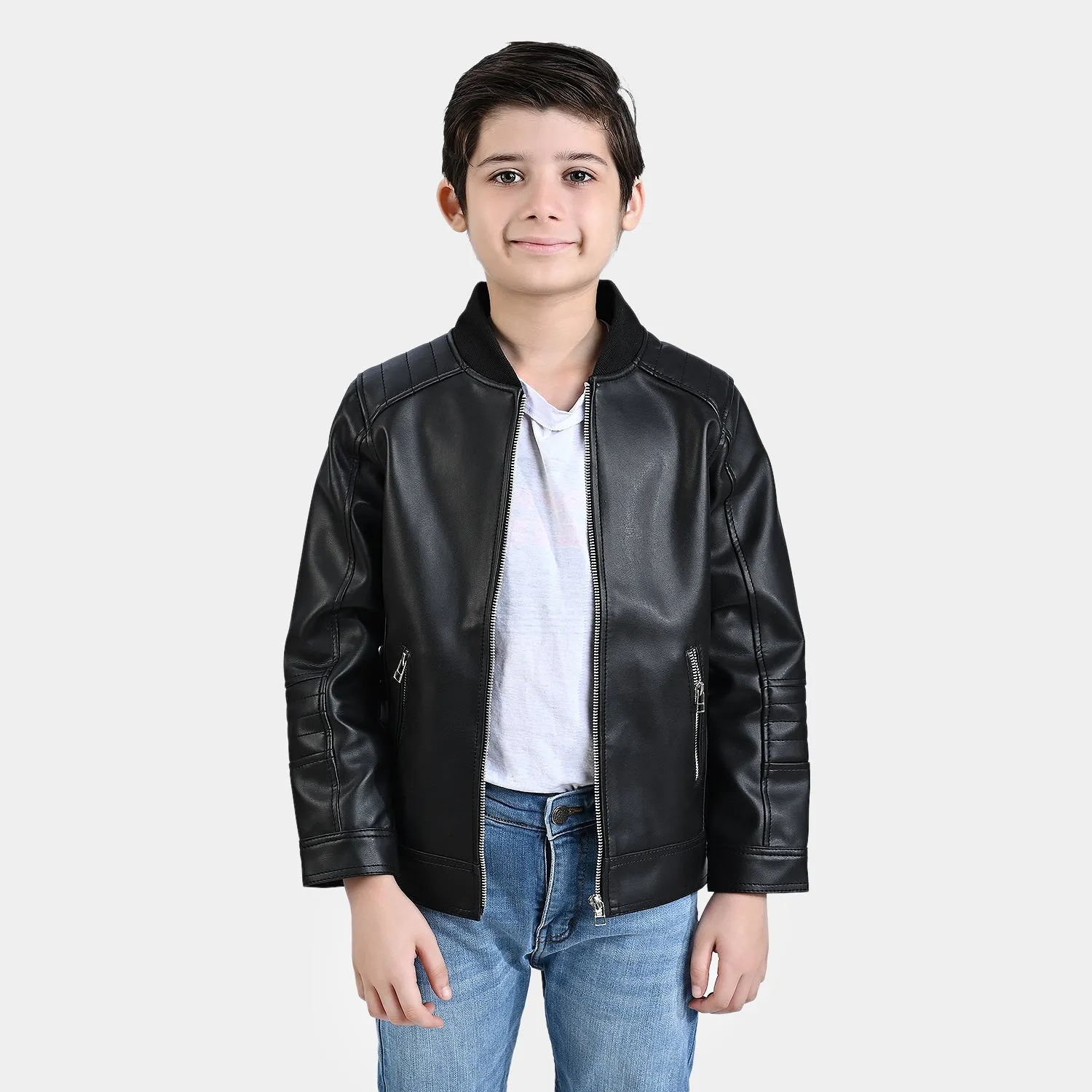 Boys Genuine PU Leather Jacket Biker-BLACK