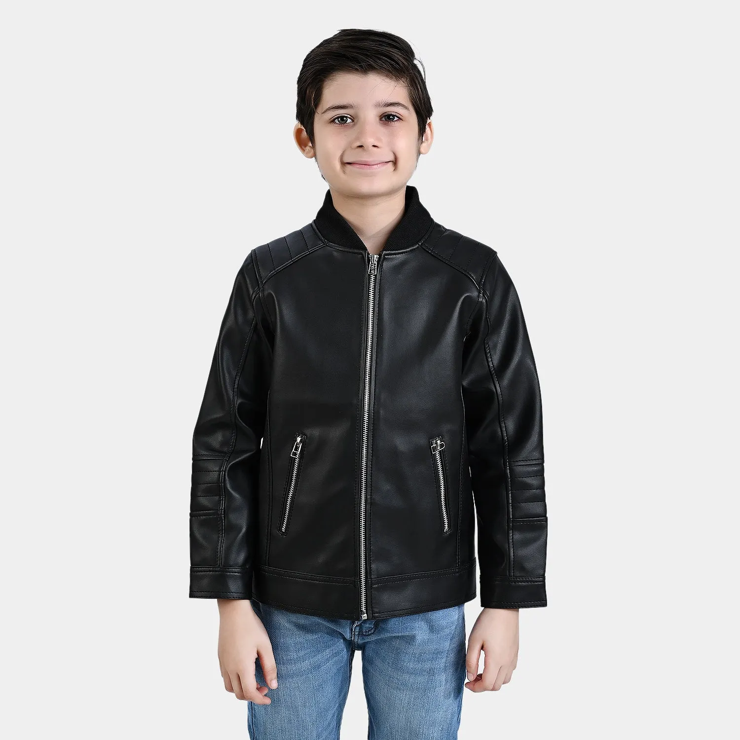 Boys Genuine PU Leather Jacket Biker-BLACK