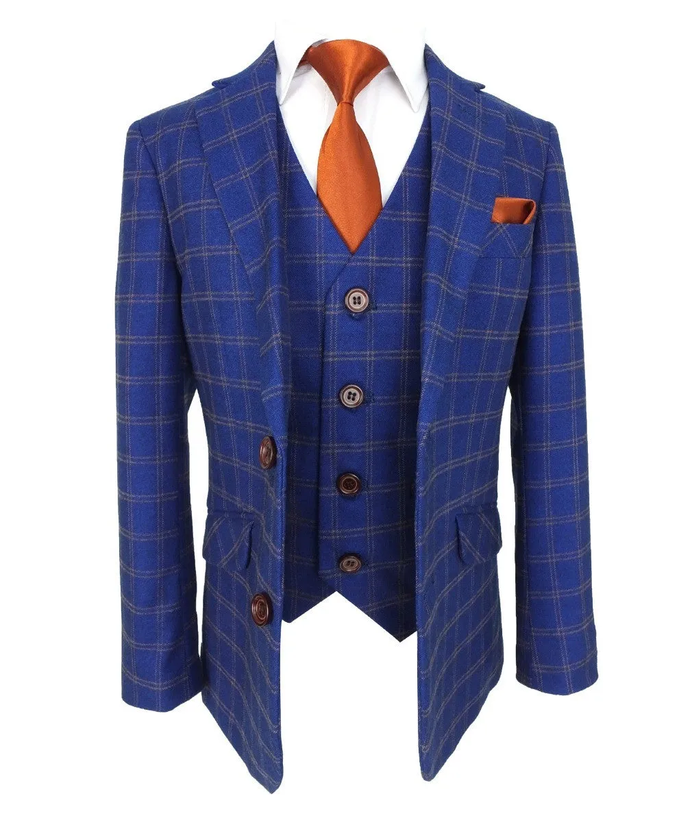 Boys Slim Fit Royal Blue Retro Check Suit - Royal Blue- Brown