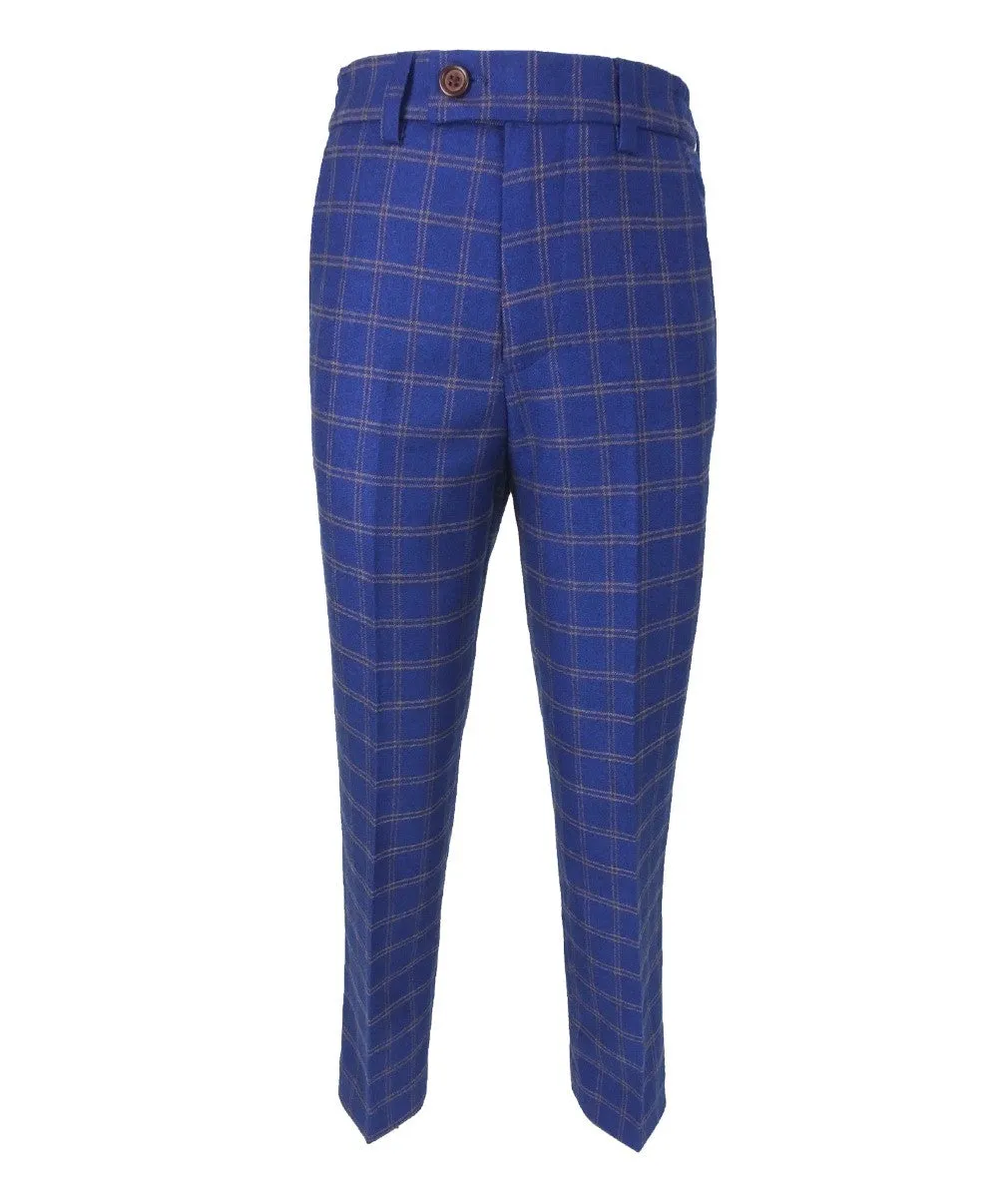 Boys Slim Fit Royal Blue Retro Check Suit - Royal Blue- Brown