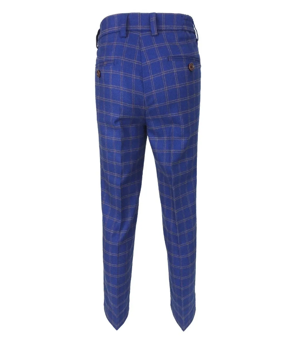 Boys Slim Fit Royal Blue Retro Check Suit - Royal Blue- Brown