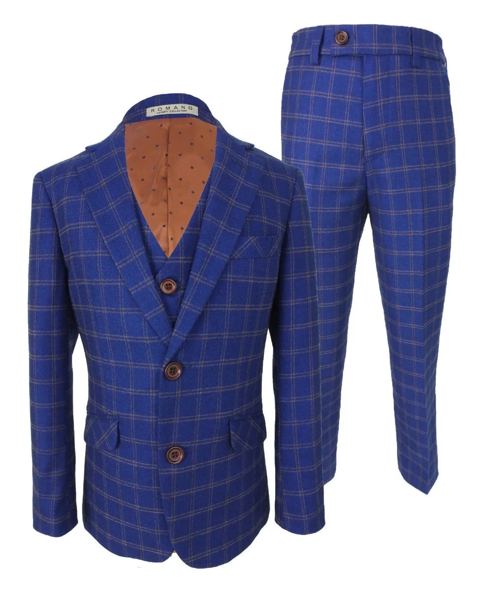 Boys Slim Fit Royal Blue Retro Check Suit - Royal Blue- Brown