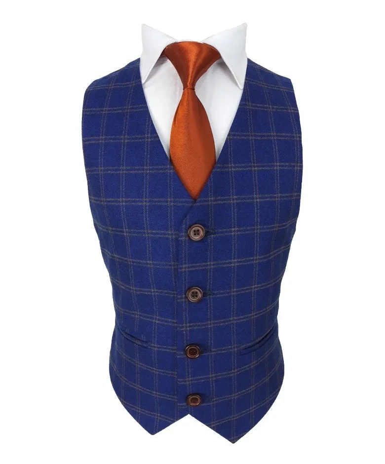 Boys Slim Fit Royal Blue Retro Check Suit - Royal Blue- Brown