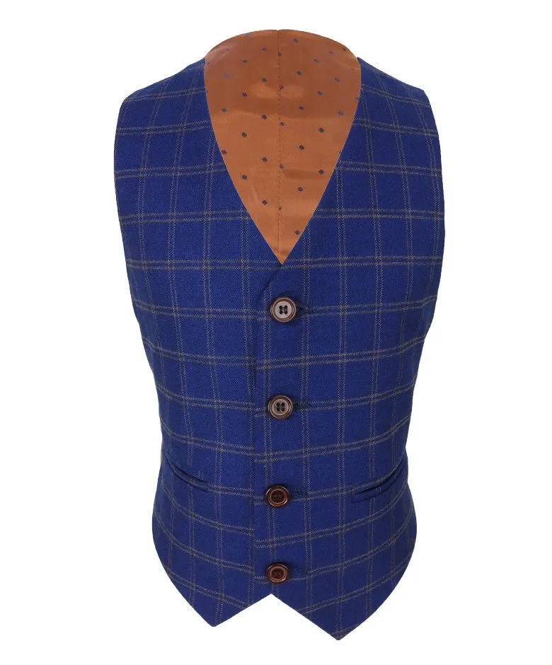 Boys Slim Fit Royal Blue Retro Check Suit - Royal Blue- Brown