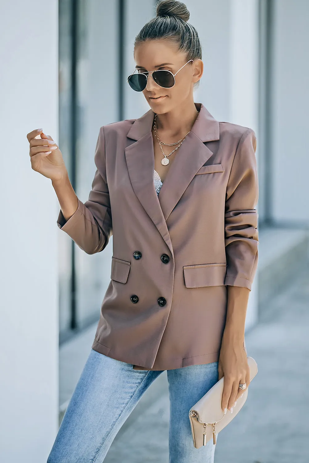 Brown Lapel Neckline Double Breasted Pocketed Blazer