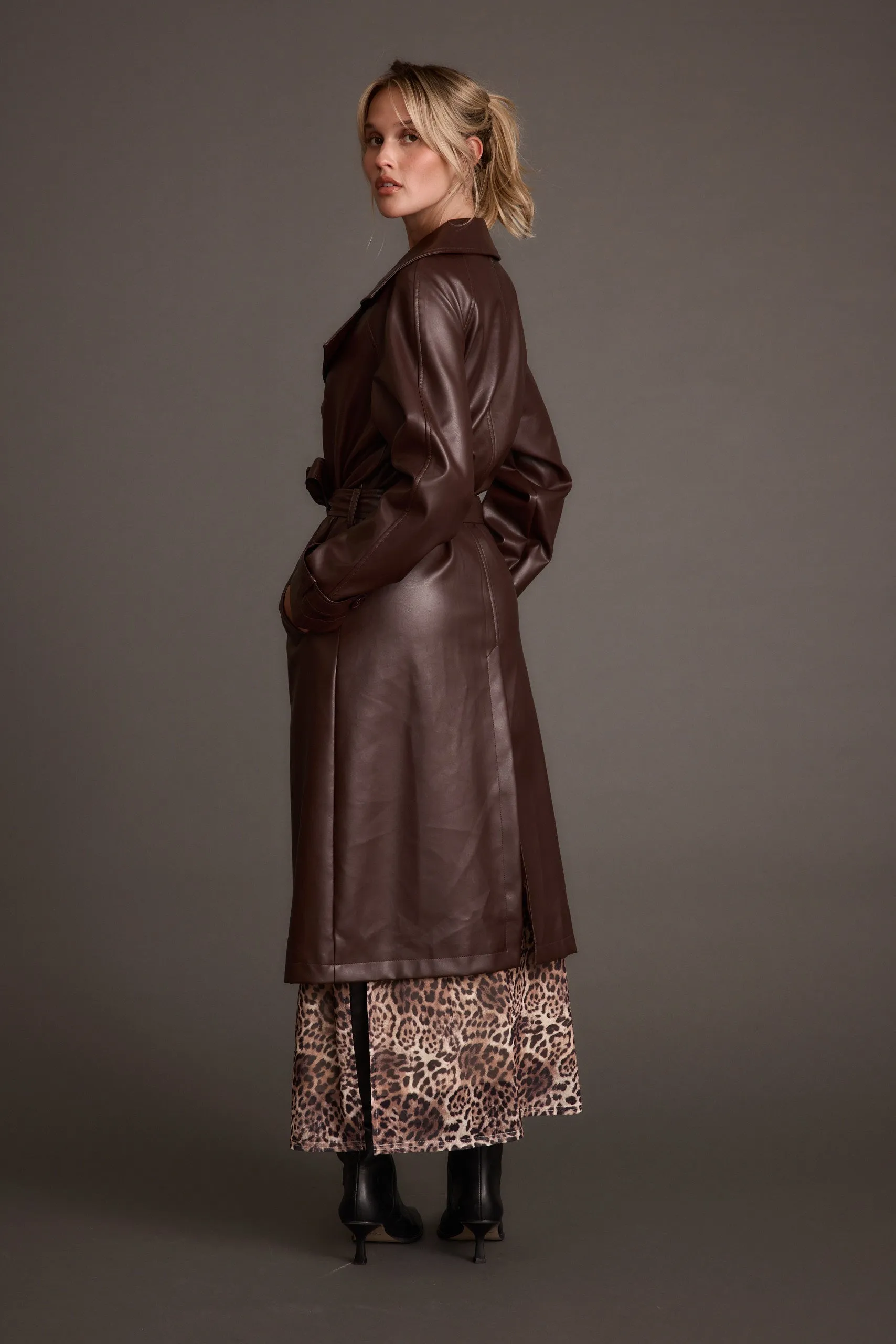 Brynne Faux Leather Mahogany Brown Trench