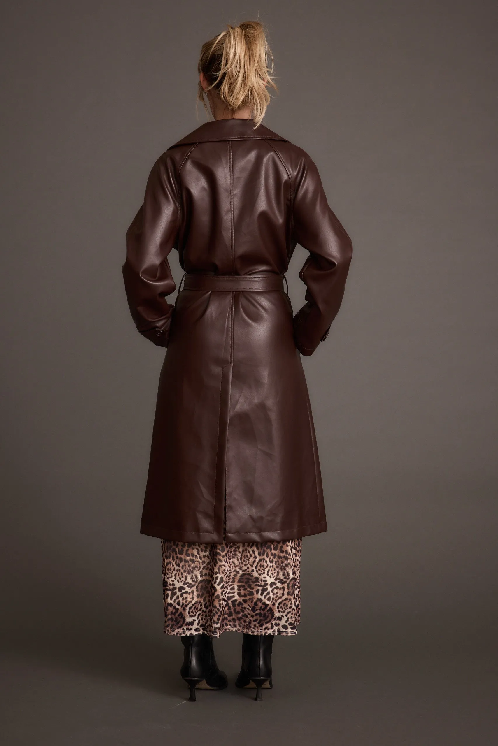 Brynne Faux Leather Mahogany Brown Trench