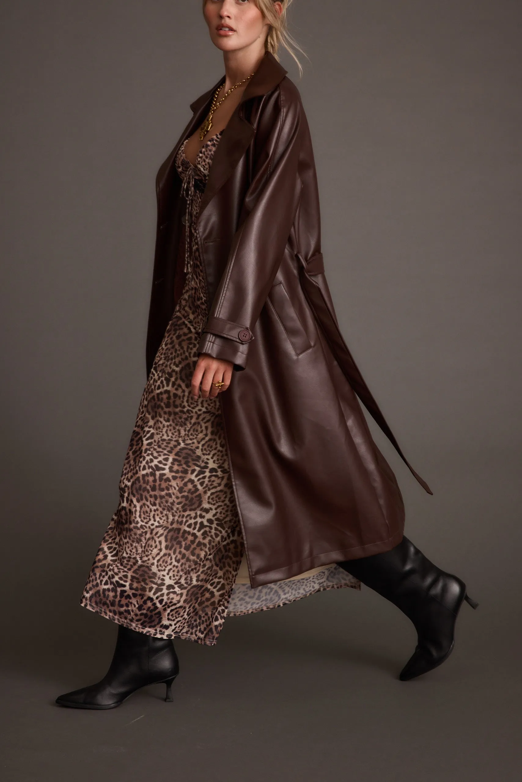 Brynne Faux Leather Mahogany Brown Trench