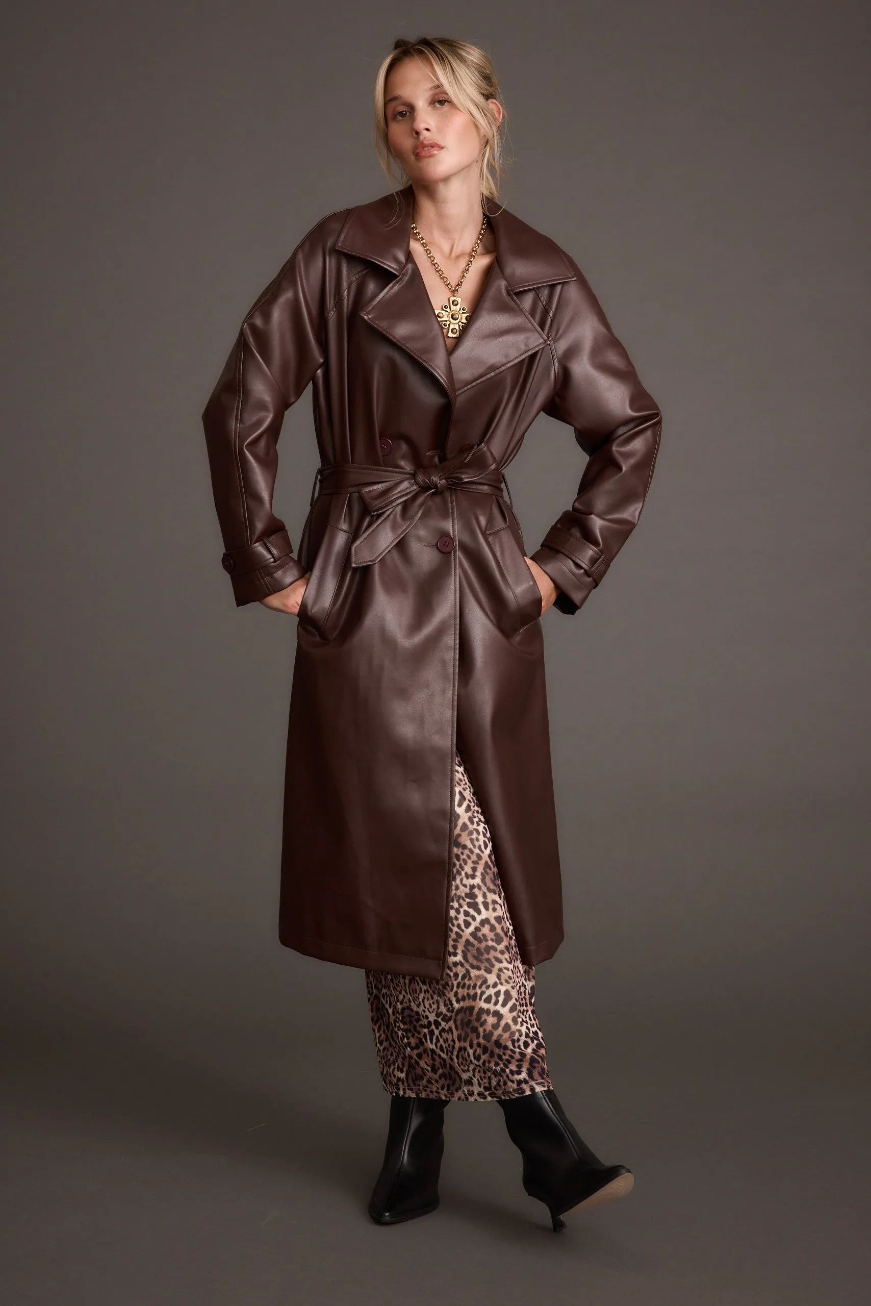 Brynne Faux Leather Mahogany Brown Trench