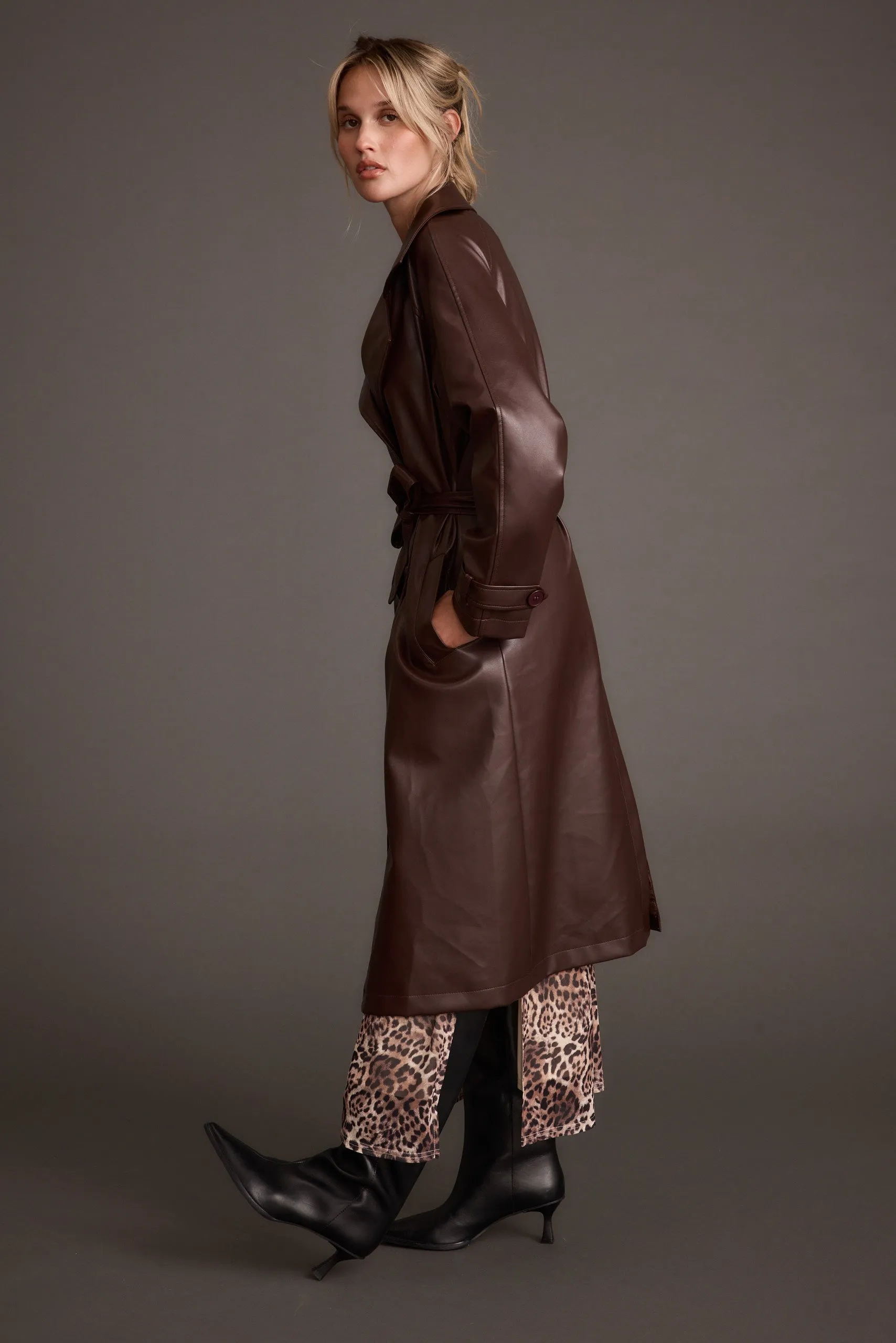 Brynne Faux Leather Mahogany Brown Trench