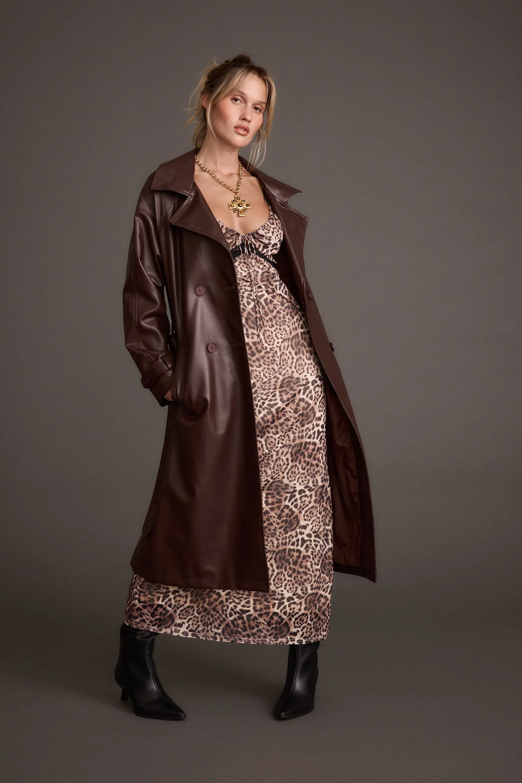 Brynne Faux Leather Mahogany Brown Trench