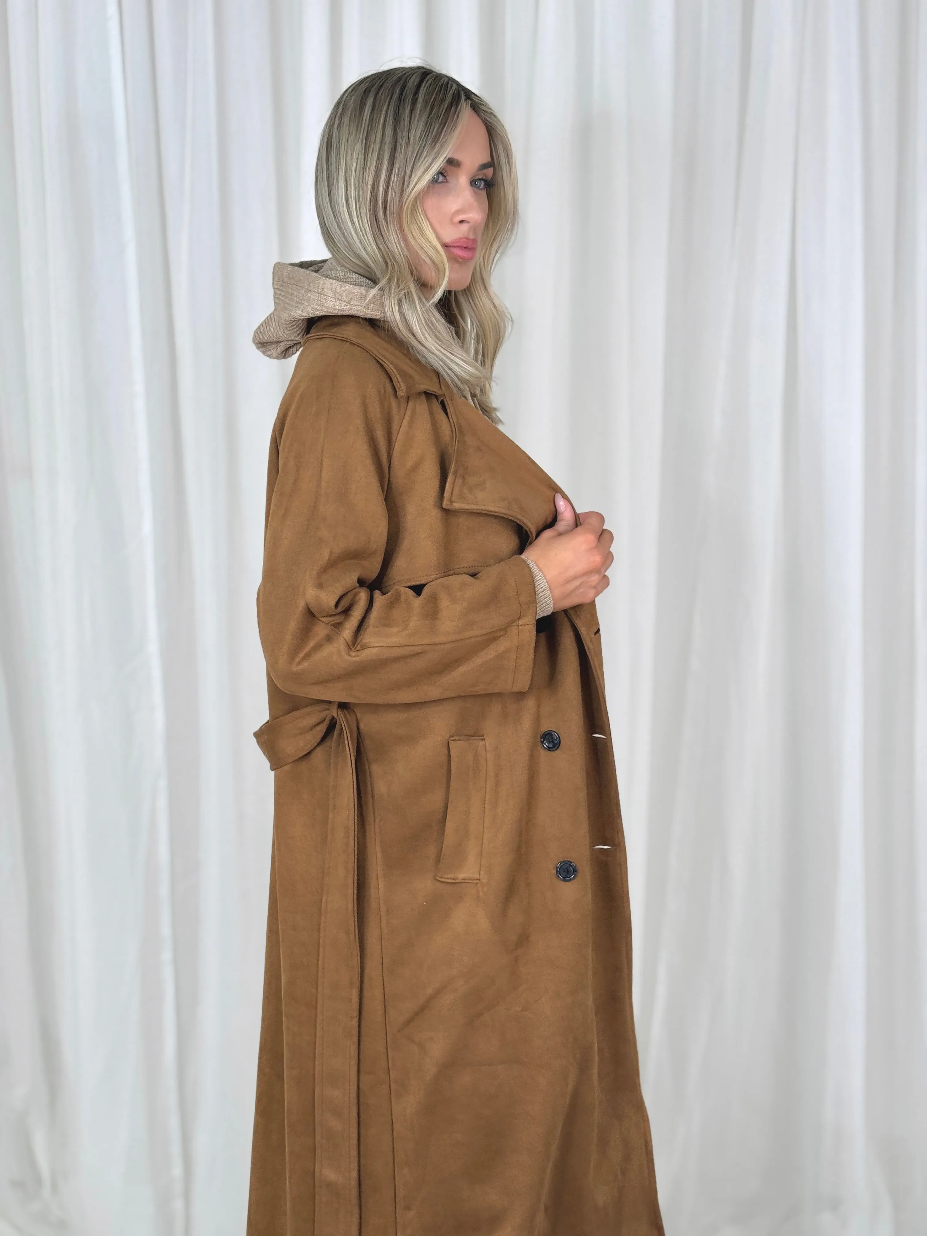 Caitlyn Faux Suede Trench Coat In Camel