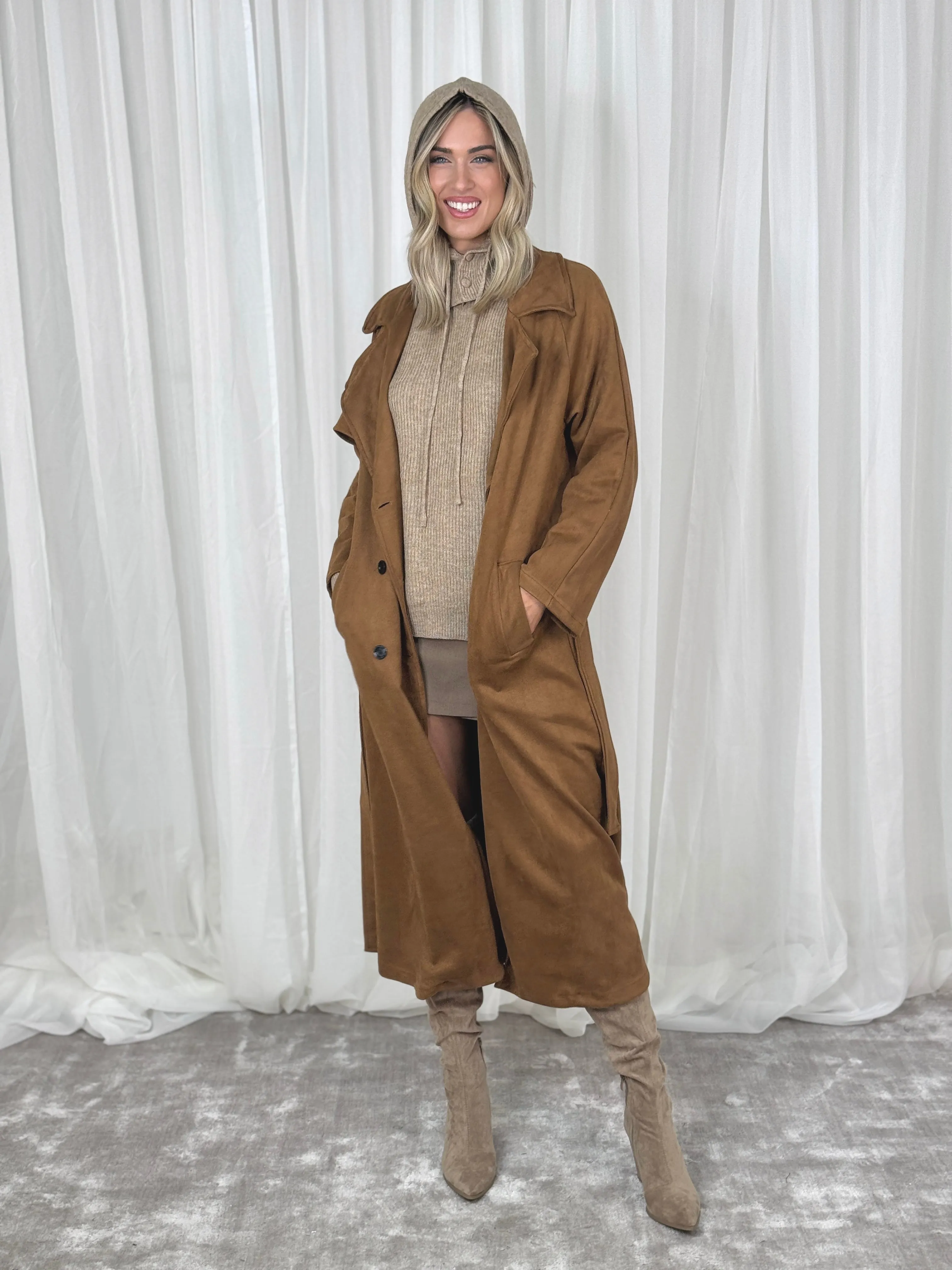 Caitlyn Faux Suede Trench Coat In Camel