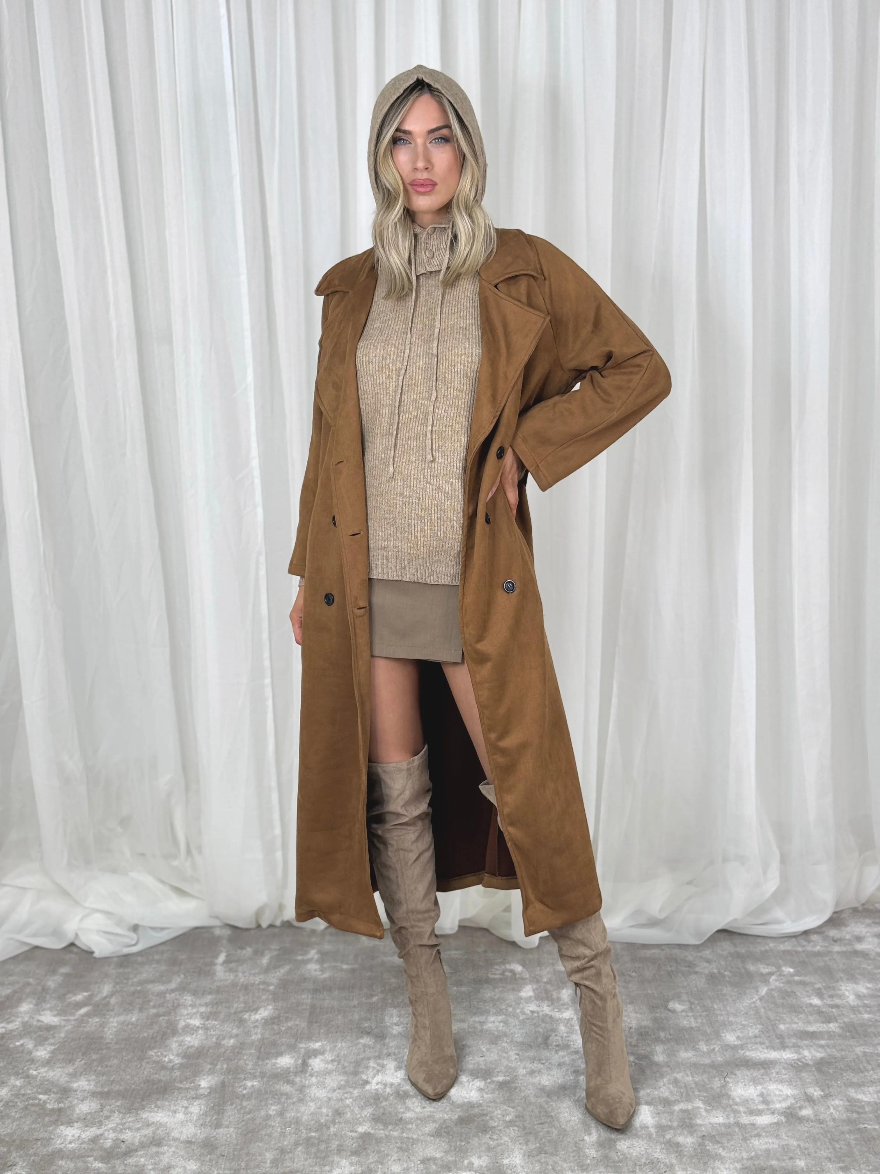 Caitlyn Faux Suede Trench Coat In Camel