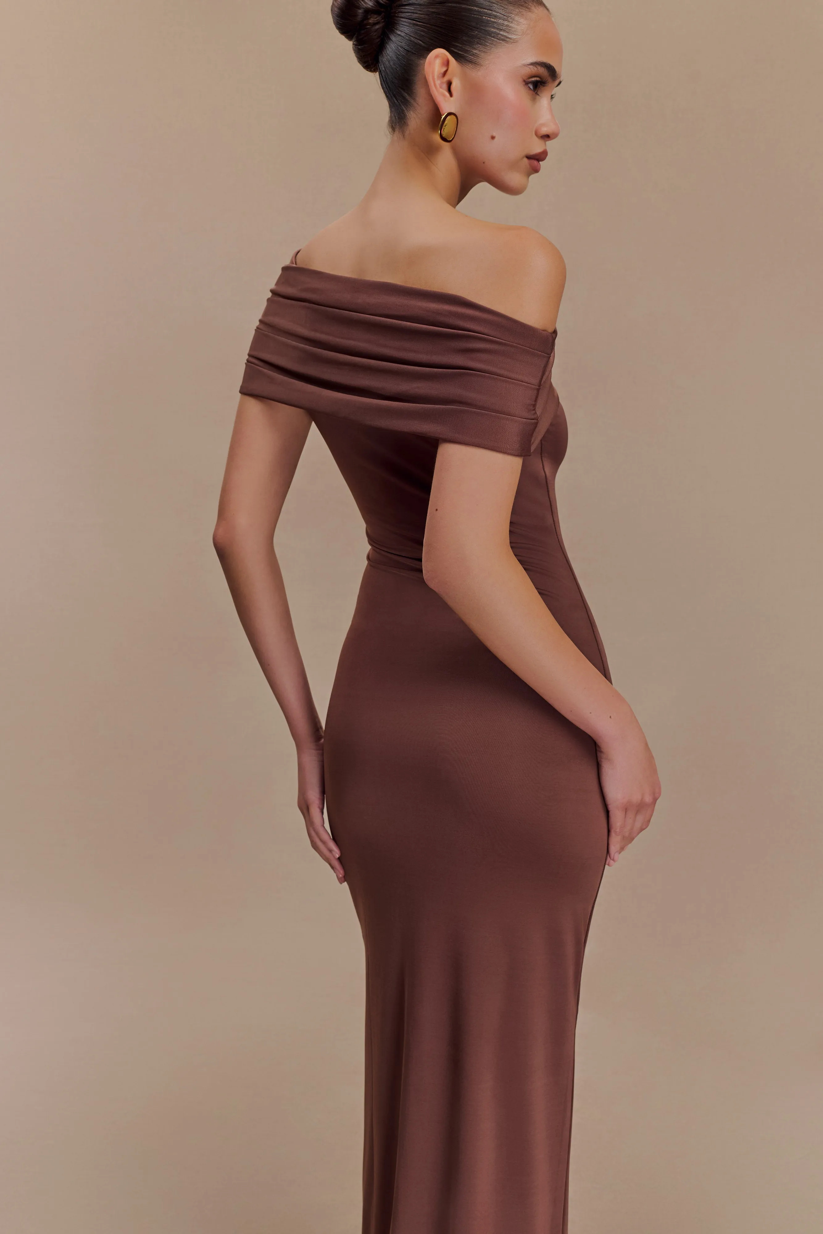 Cassandra Off Shoulder Slinky Maxi Dress - Chocolate