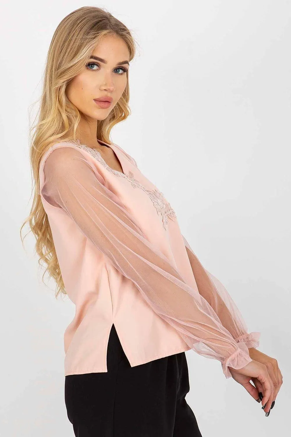 Charming Mesh Sleeve Blouse with Heart-Shaped Neckline