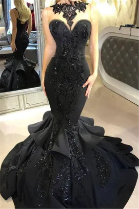 Chic Black Mermaid Prom Party GownsLong Sequins Ruffles Party Gowns