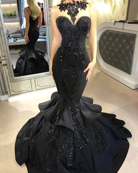 Chic Black Mermaid Prom Party GownsLong Sequins Ruffles Party Gowns