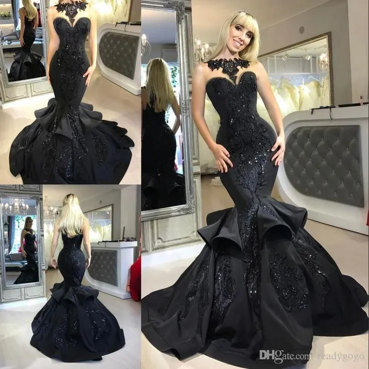 Chic Black Mermaid Prom Party GownsLong Sequins Ruffles Party Gowns