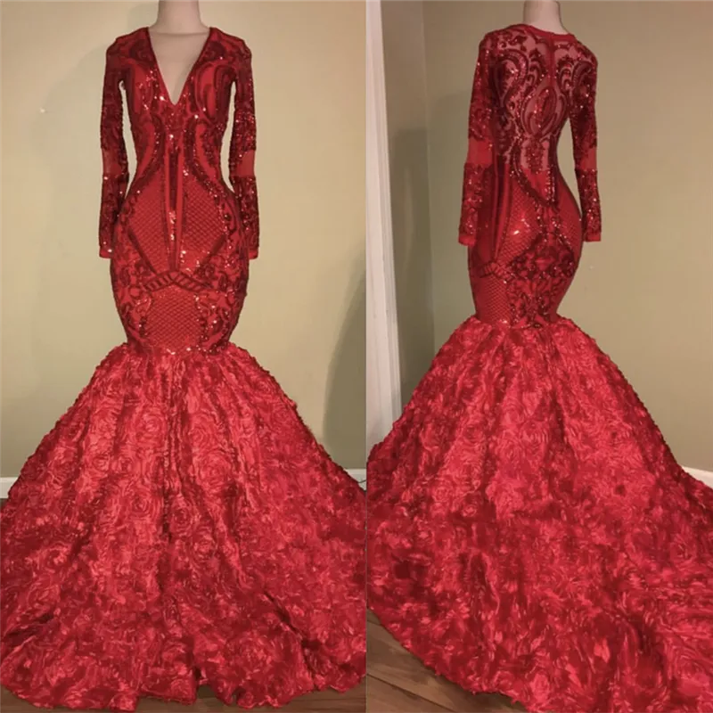 Chic V-neck Sparkle Appliques Fit and Flare Floral Prom Party Gowns| Elegant Long Sleeves Luxurious Scarlet Dress for Prom