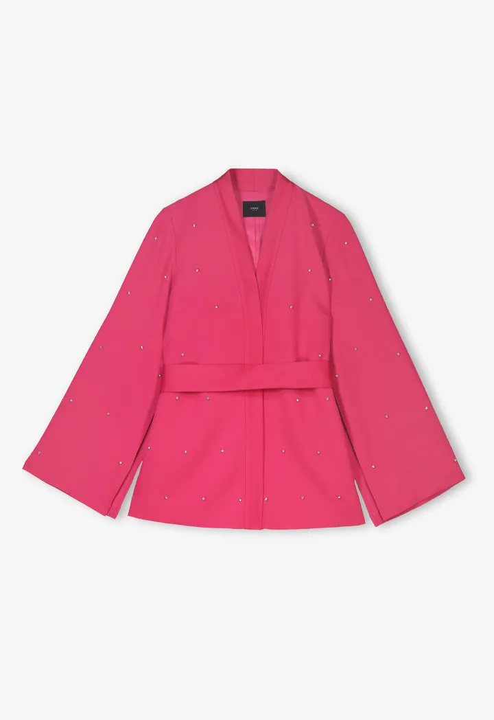 Choice Solid Crystal Embellished Belted Jacket Fuchsia