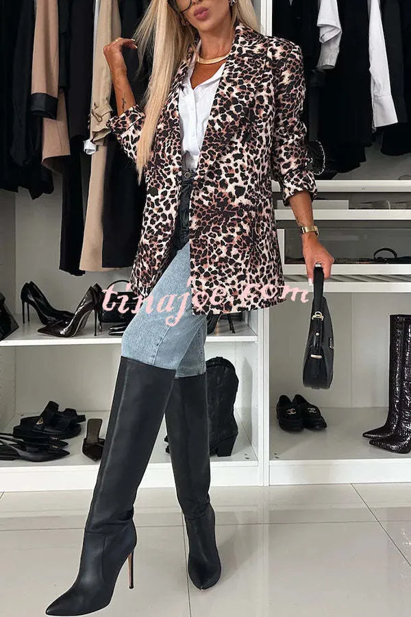 Choose Unique Leopard Print Lapel Long Sleeve Relaxed Blazer