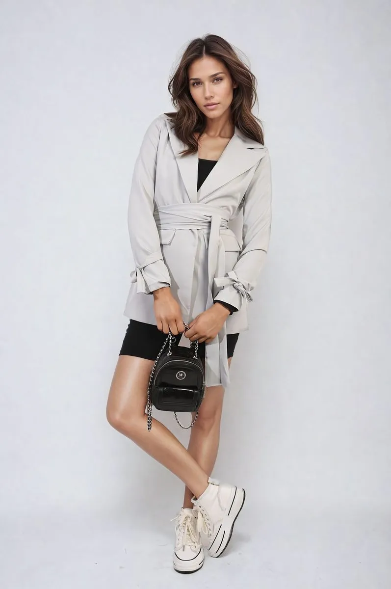 Collared Long Sleeve V-Neck Belted Blazer Jacket