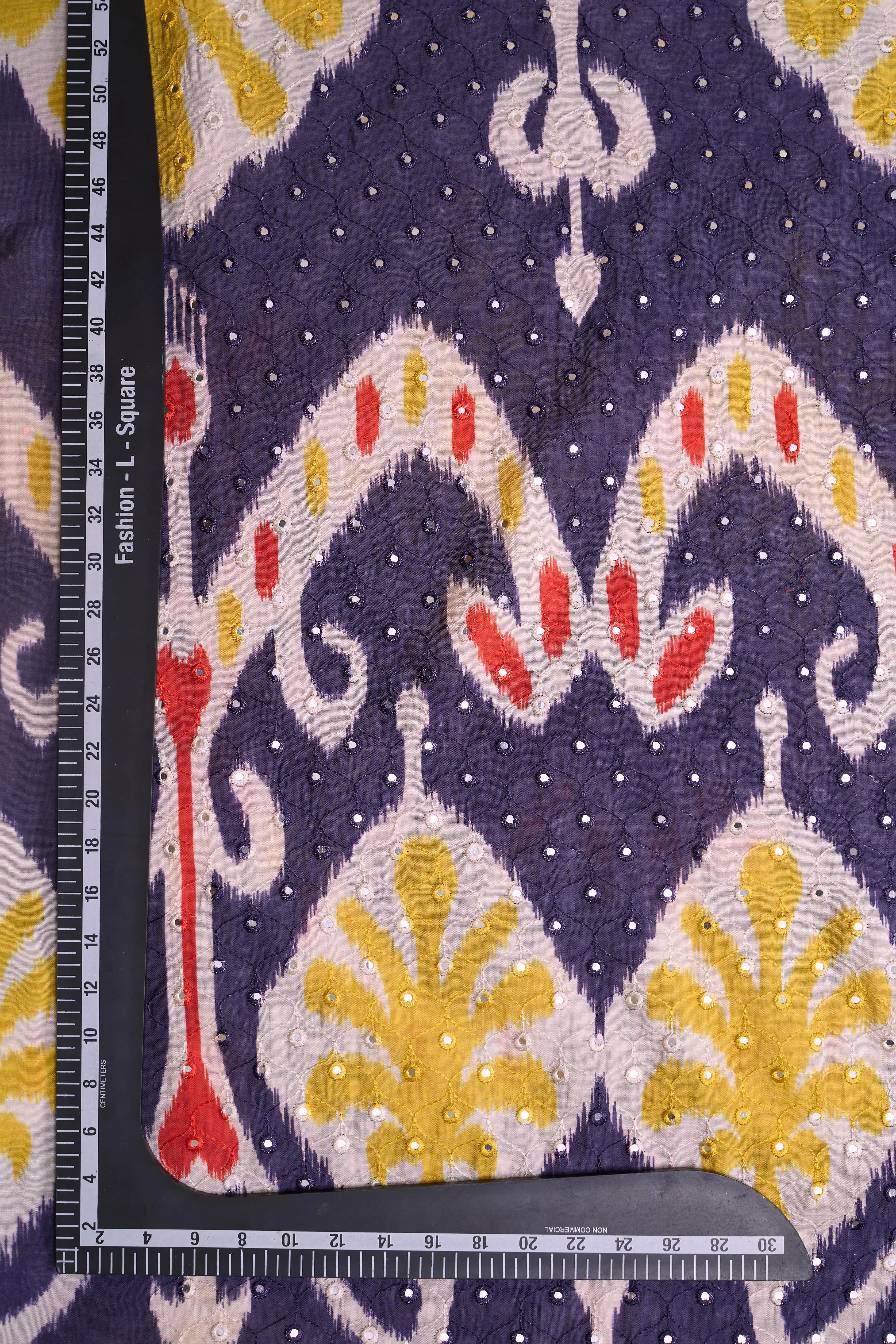 Contemporary Ikat Style Navy Yellow Summer Pattern With Mirror work Detailing Chanderi Fabric