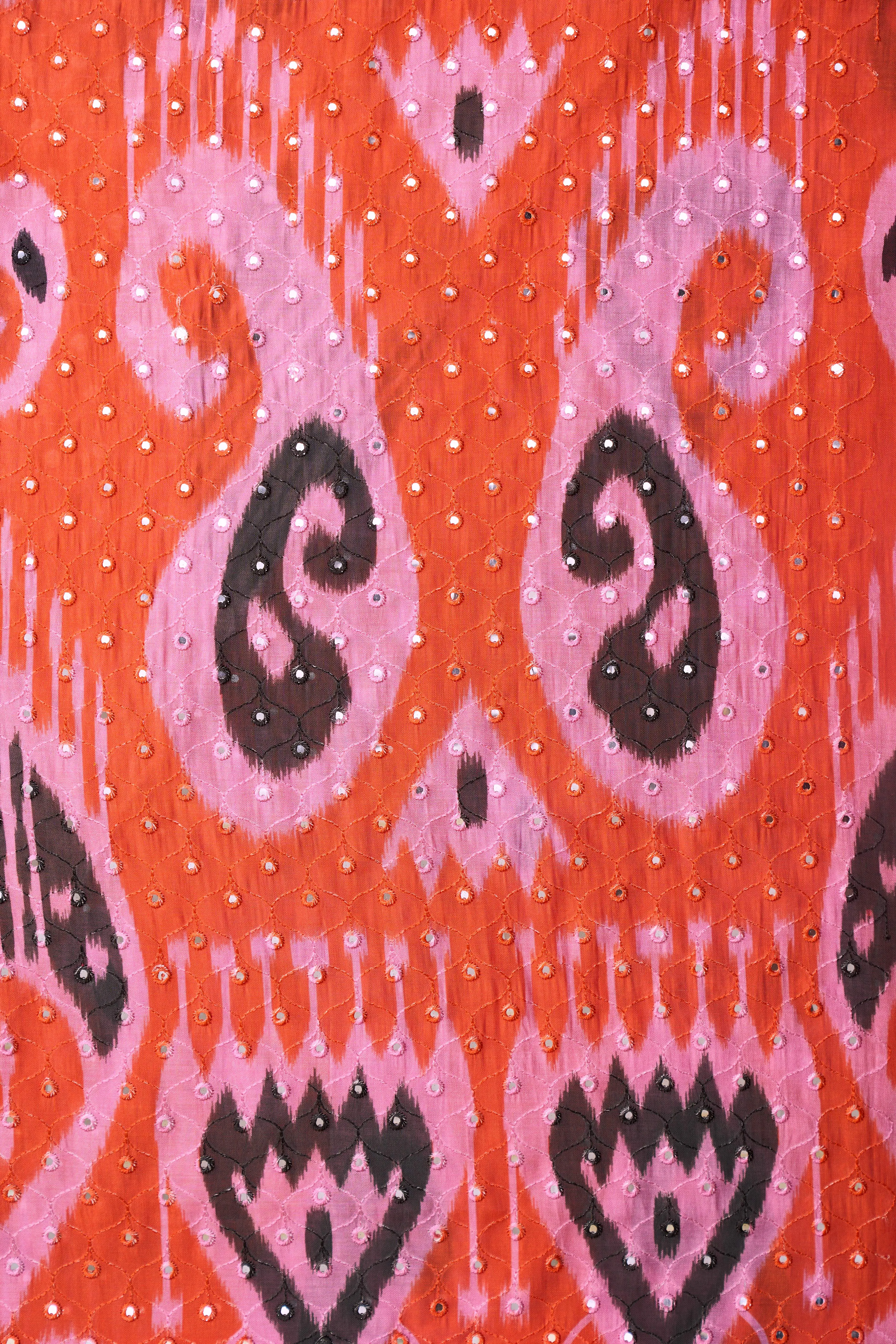 Contemporary Ikat Style Orange Pink Summer Pattern With Mirror Work Detailing Chanderi Fabric