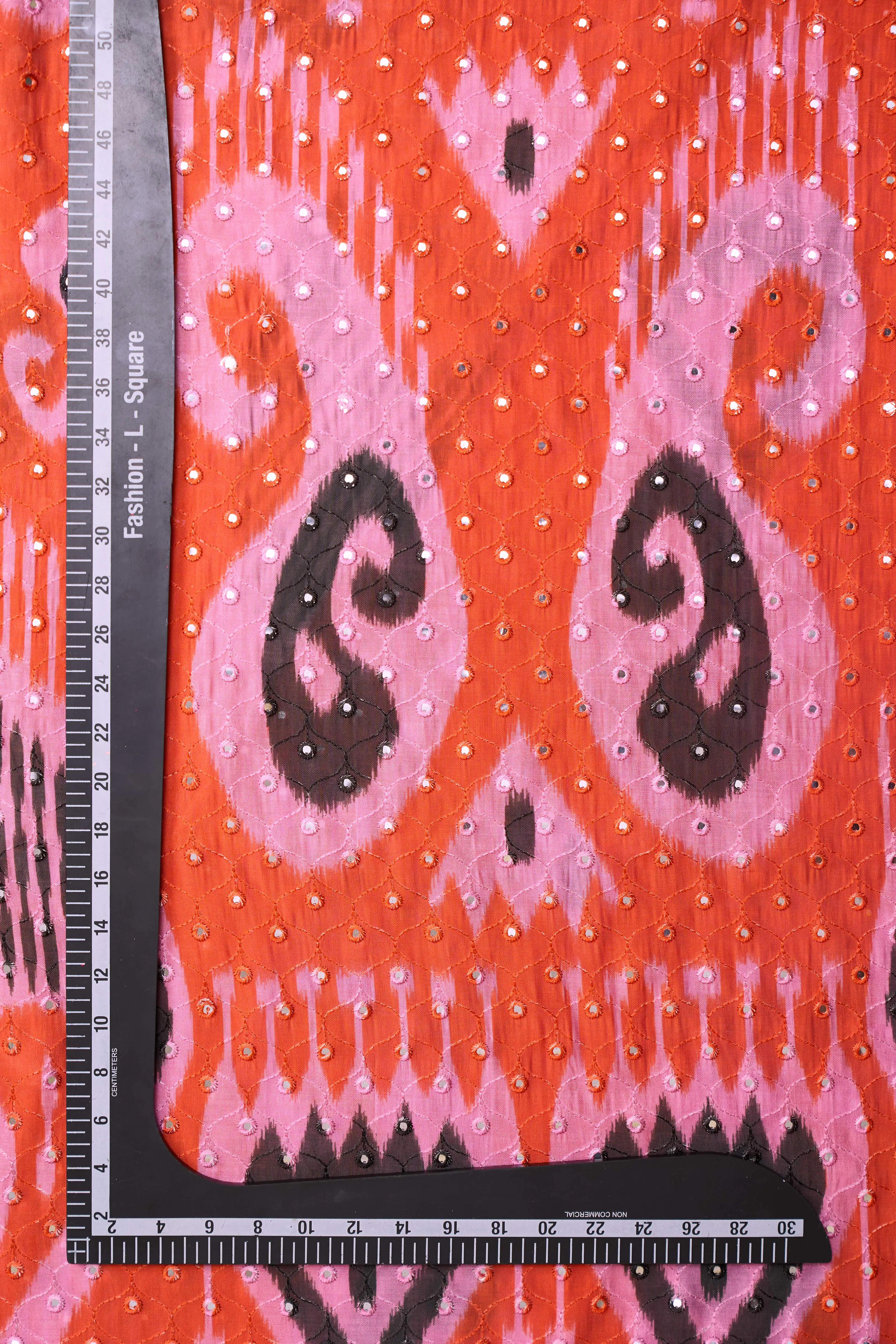 Contemporary Ikat Style Orange Pink Summer Pattern With Mirror Work Detailing Chanderi Fabric