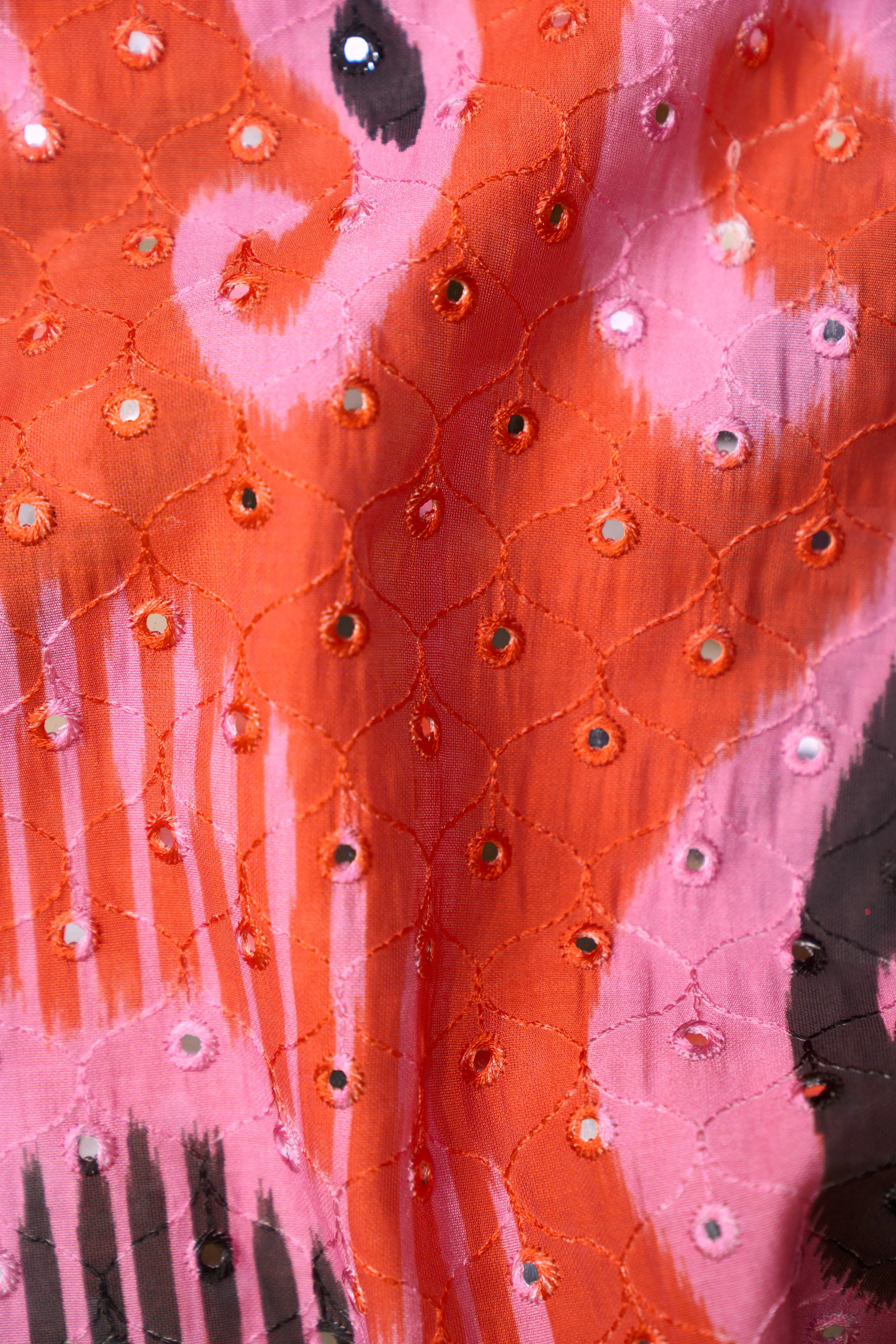 Contemporary Ikat Style Orange Pink Summer Pattern With Mirror Work Detailing Chanderi Fabric