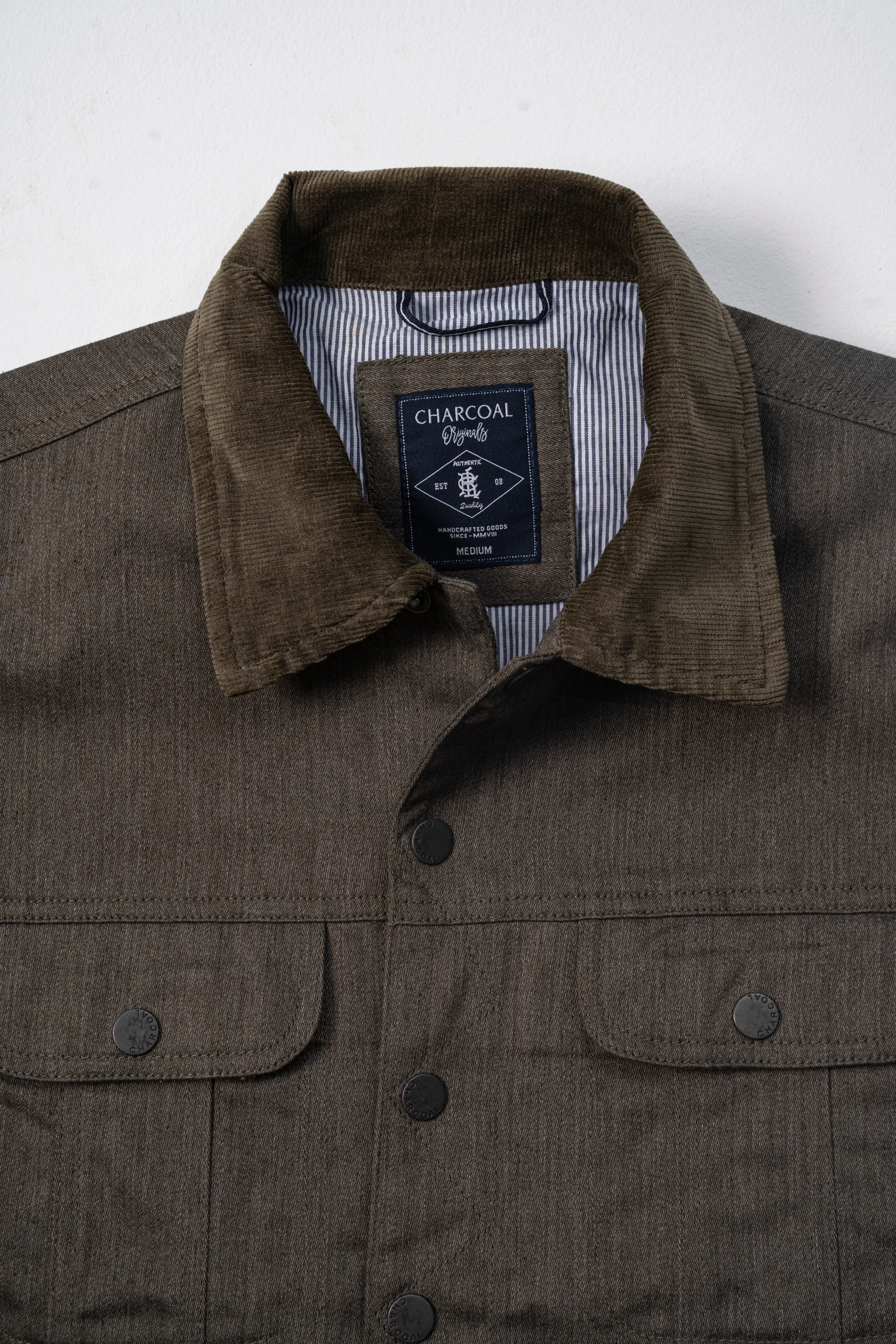 CORDUROY COLLAR FULL SLEEVE JACKET OLIVE