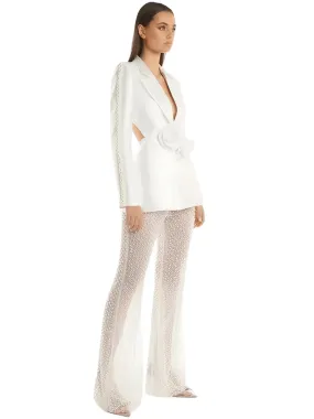 Designer Runway Fashion Women's Hollow Out Pearl Blazer Pant Set