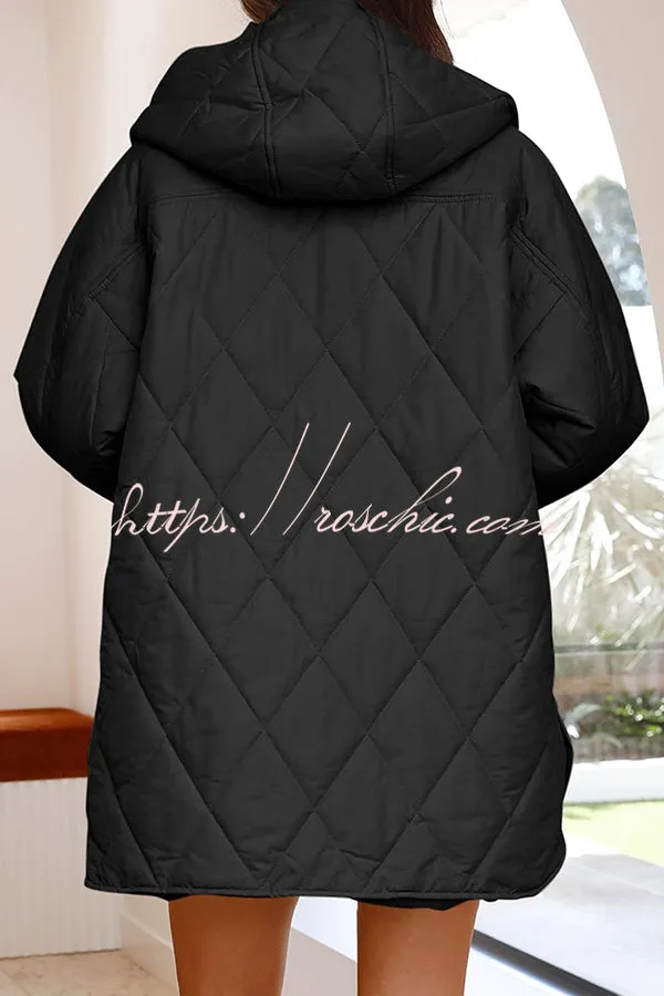 Diamond Quilted Button Pocket Hooded Long Sleeve Coat