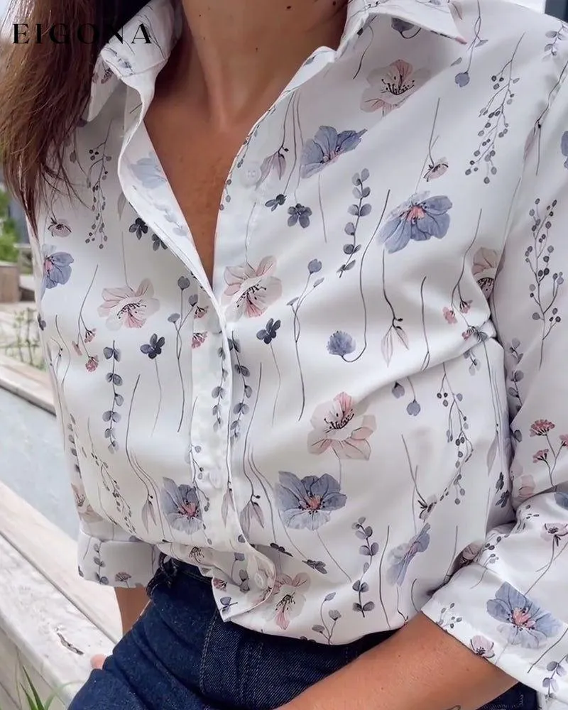 Elegant floral print lapel three-quarter sleeve shirt