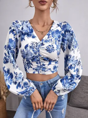 Elegant Floral Shirred Long Sleeve V Neck Crop Blouse