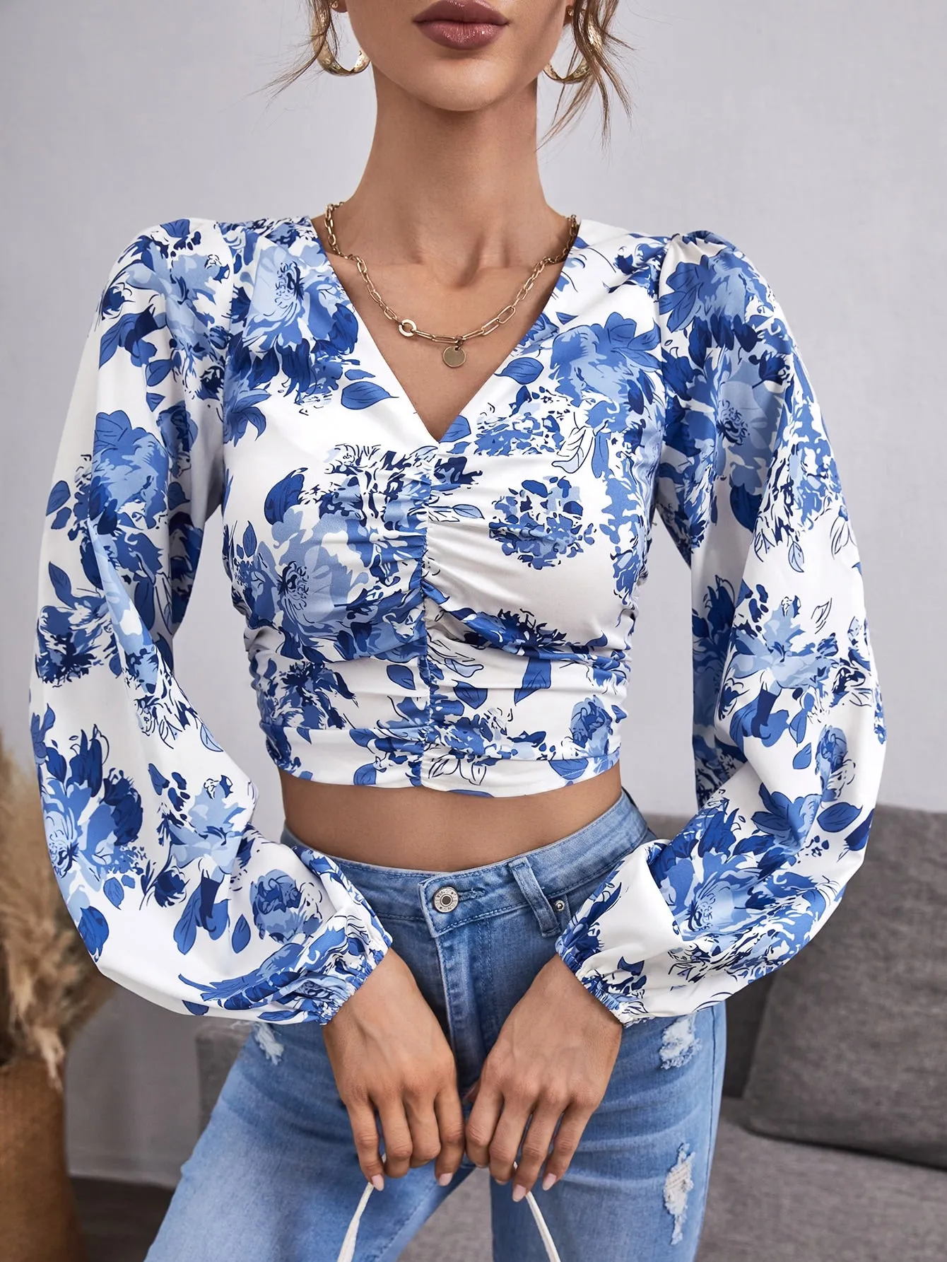 Elegant Floral Shirred Long Sleeve V Neck Crop Blouse