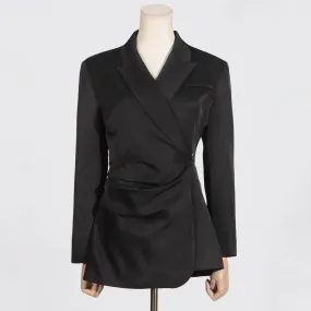 Elegant Patchwork Metal Solid Blazer For Women Notched Collar Long Sleeve Spliced Folds Minimalist Slimming Blazers Female