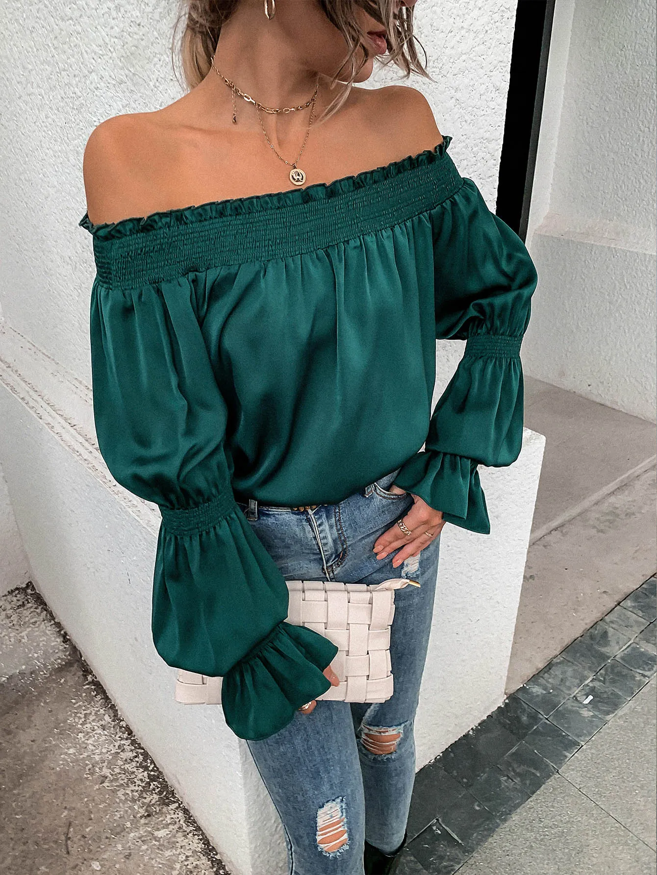 Elegant Plain Shirred Long Sleeve Off The Shoulder Long Blouse