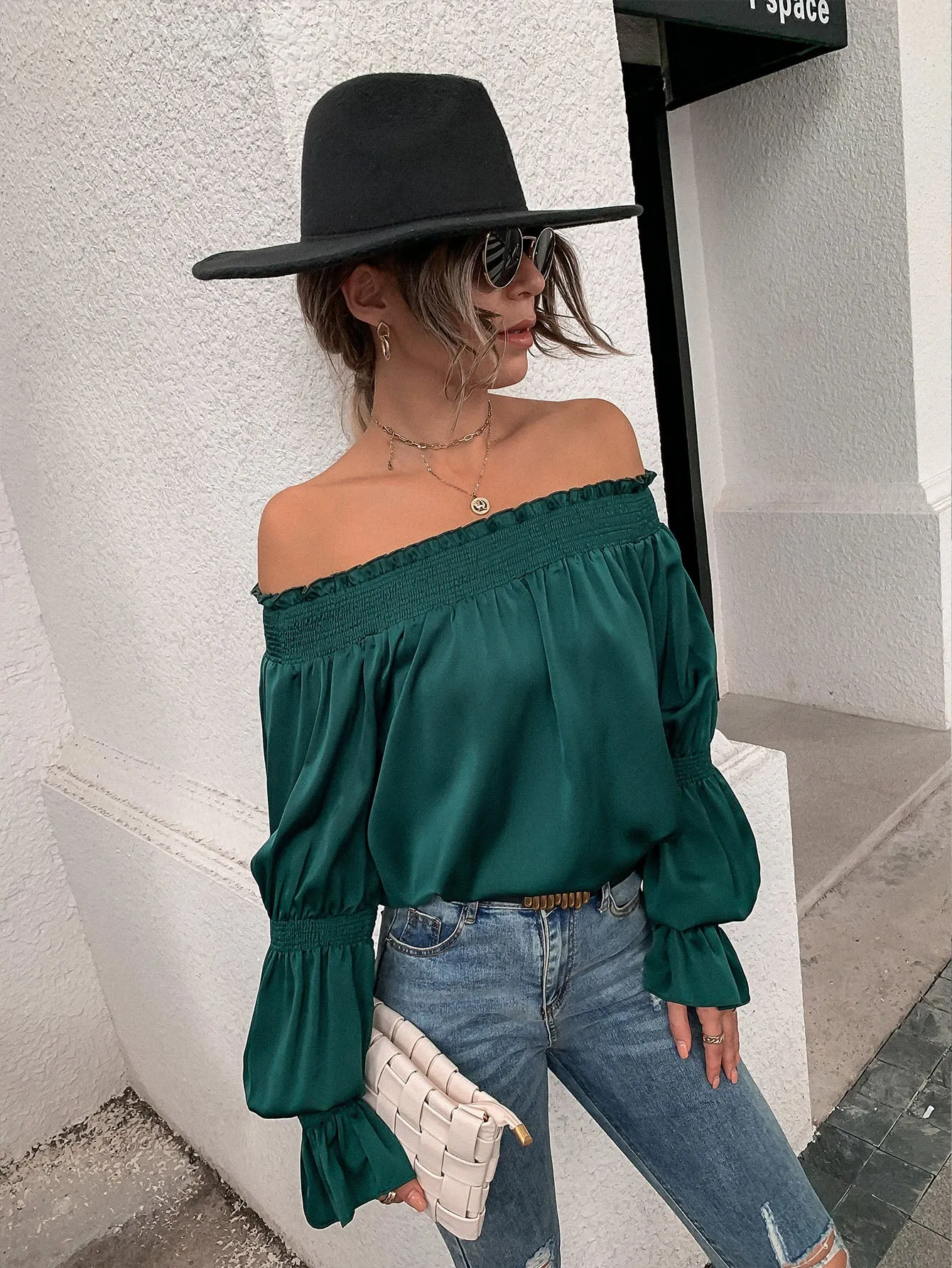 Elegant Plain Shirred Long Sleeve Off The Shoulder Long Blouse