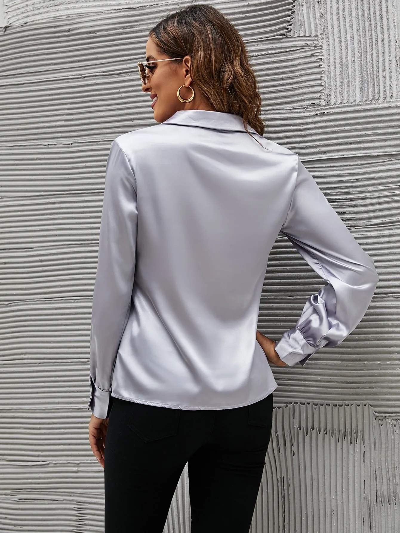 Elegant Plain Wrap Long Sleeve V Neck Regular Blouse